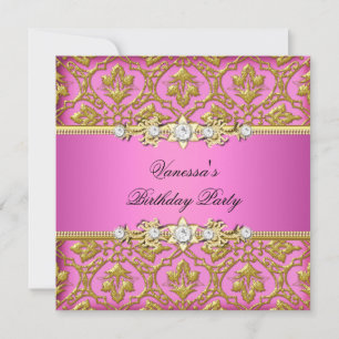 Invitation Fête d'anniversaire élégante damassé rose or