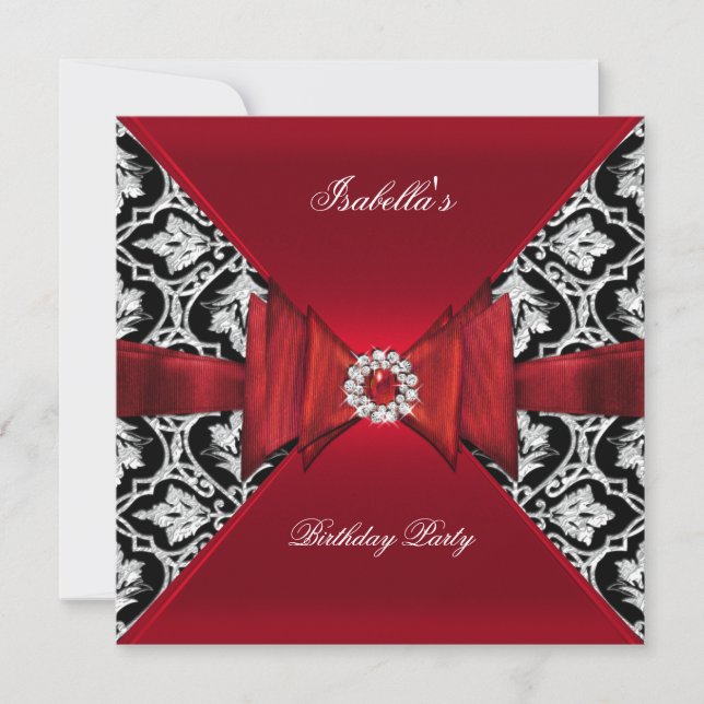 Invitation Fête d'anniversaire élégante damassé rouge diamant (Devant)