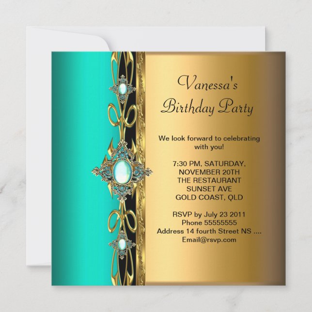 Invitation Fête d'anniversaire élégante damassé sarcelle vert (Devant)
