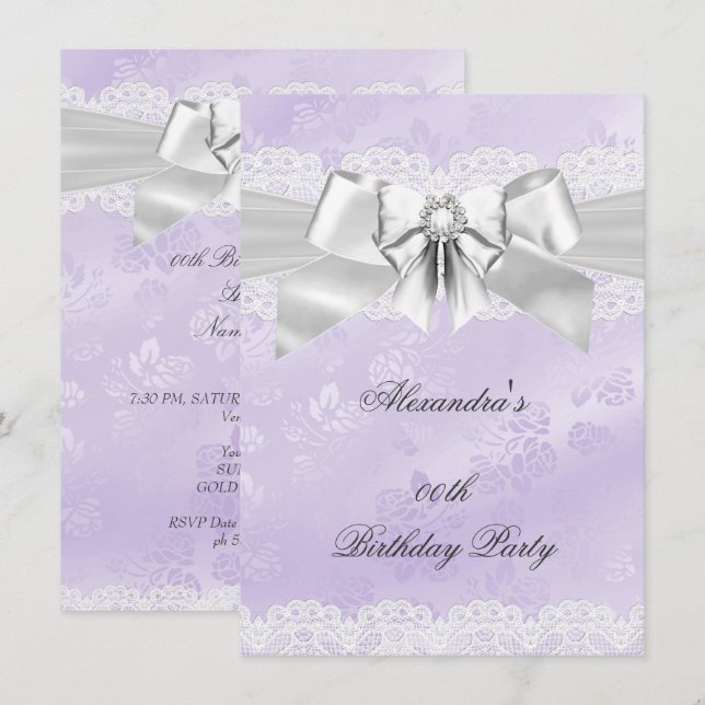 Invitation Fête d'anniversaire élégante damassé violet argent (Devant / Derrière)