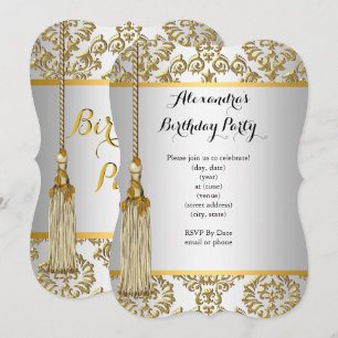 Invitation Fête d'anniversaire élégante damassée or argent bl