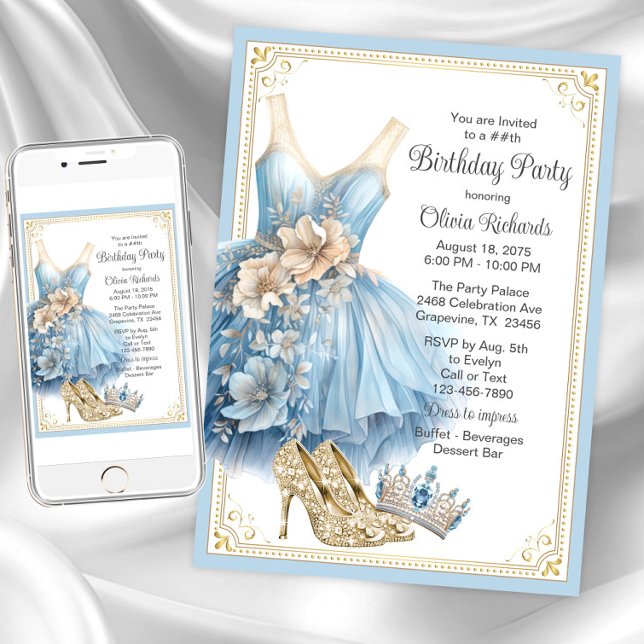 Invitation Fête d'anniversaire élégante de Cendrillon  (Cinderella princess party invitation. Instant download and printed invitations available.)