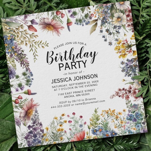 Invitation Fête d'anniversaire Élégante de Fleur Sauvage (Créateur téléchargé)
