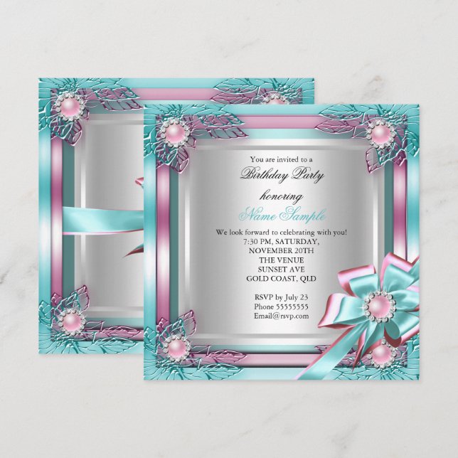 Invitation Fête d'anniversaire élégante de luxe sarcelle rose (Devant / Derrière)