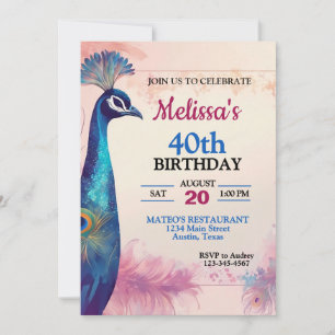 Invitation Fête d'anniversaire élégante de paon
