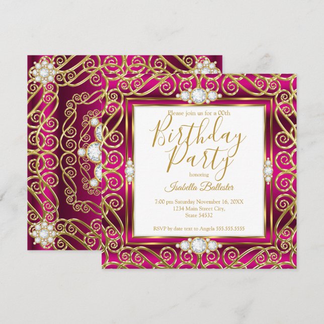 Invitation Fête d'anniversaire élégante Deep Pink Gold Diamon (Devant / Derrière)