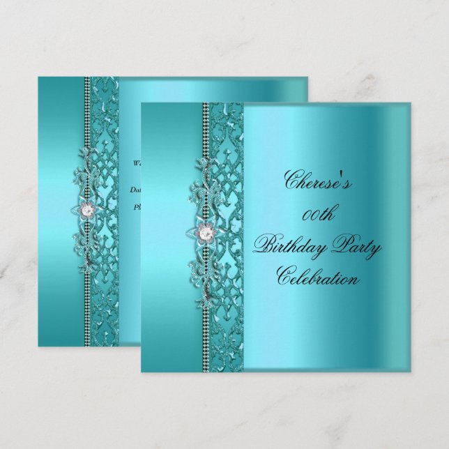 Invitation Fête d'anniversaire élégante diamant bleu sarcelle (Devant / Derrière)