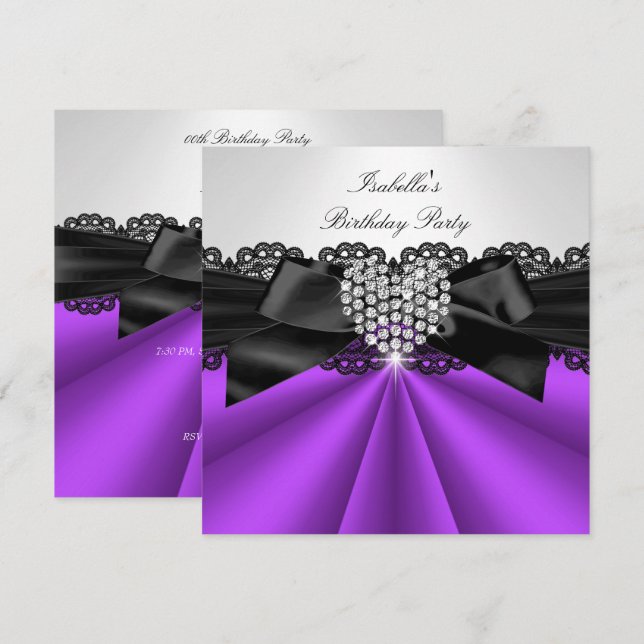 Invitation Fête d'anniversaire élégante diamant noir violet b (Devant / Derrière)