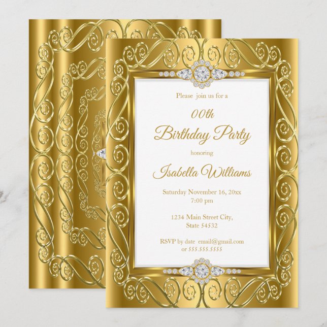 Invitation Fête d'anniversaire élégante diamant or (Devant / Derrière)