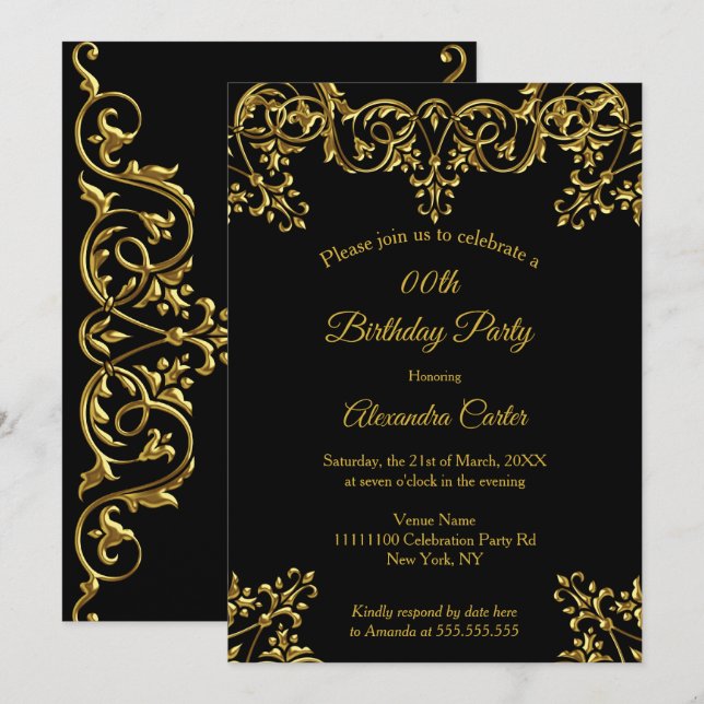 Invitation Fête d'anniversaire élégante dorée noire ornée (Devant / Derrière)