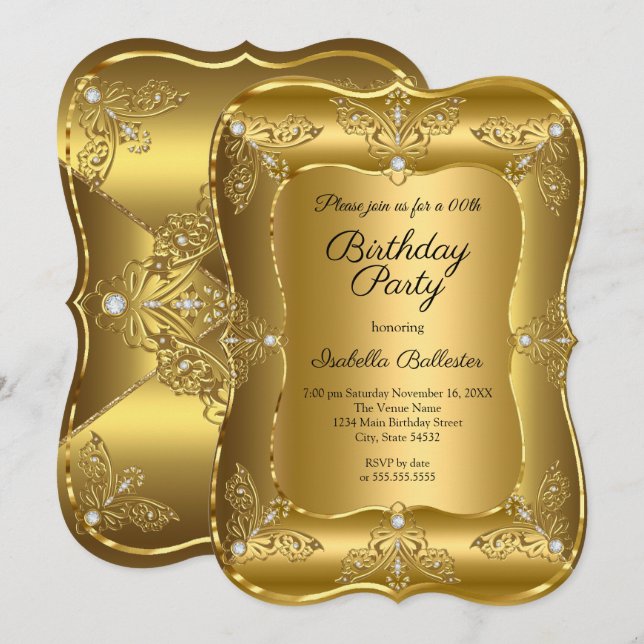 Invitation Fête d'anniversaire élégante dorée Or Elite Diaman (Devant / Derrière)
