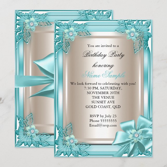 Invitation Fête d'anniversaire élégante élitiste Nœud sarcell (Devant / Derrière)