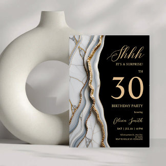 Invitation Fête d'anniversaire élégante en agate noire et or