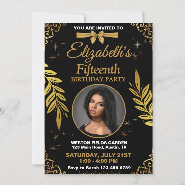 Invitation Fête d'anniversaire élégante en noir et or (Devant)