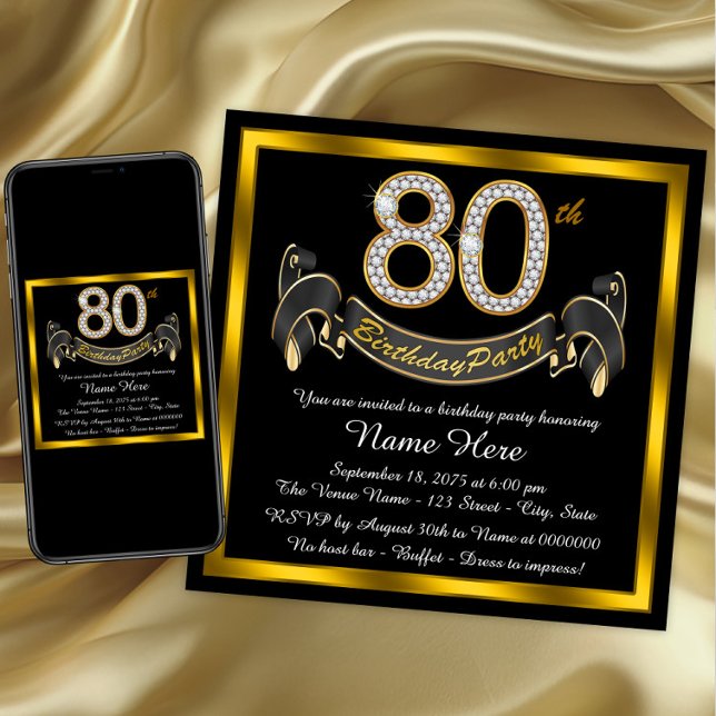 Invitation Fête d'anniversaire élégante en or pour les 80 ans (80th birthday party invitations. Instant download and printed invitations available. )