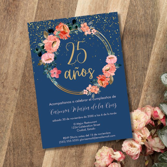 Invitation Fête d'anniversaire élégante et chic espagnole flo (Créateur téléchargé)