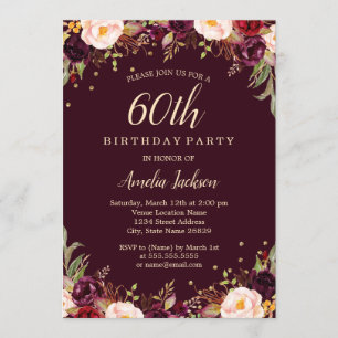 Invitation Fête d'anniversaire élégante et florale de Bourgog
