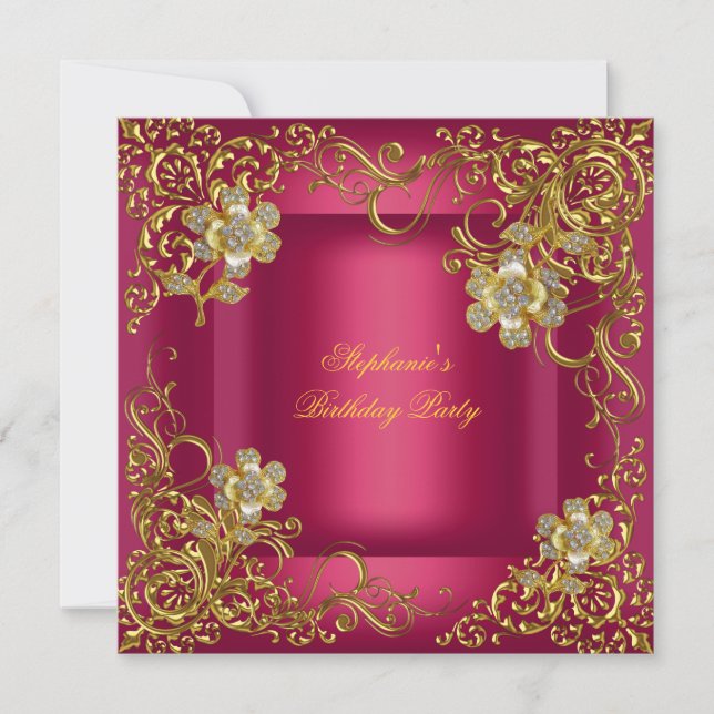Invitation Fête d'anniversaire élégante Fleur rose or riche (Devant)