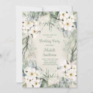 Invitation Fête d'anniversaire Élégante Fleurs Blanches Feuil