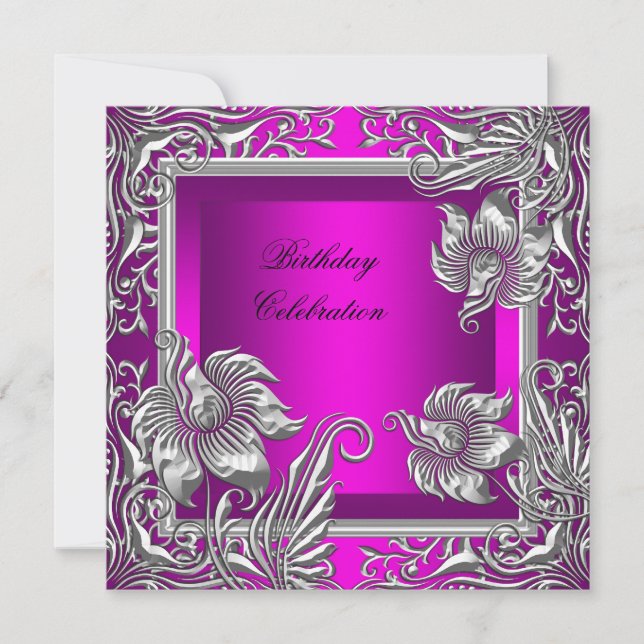 Invitation Fête d'anniversaire élégante fleurs rose chaud arg (Devant)