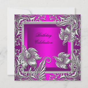 Invitation Fête d'anniversaire élégante fleurs rose chaud arg