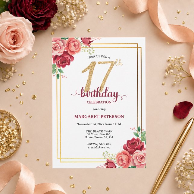 Invitation Fête d'anniversaire élégante Fleurs Rouge Doré 17  (Créateur téléchargé)