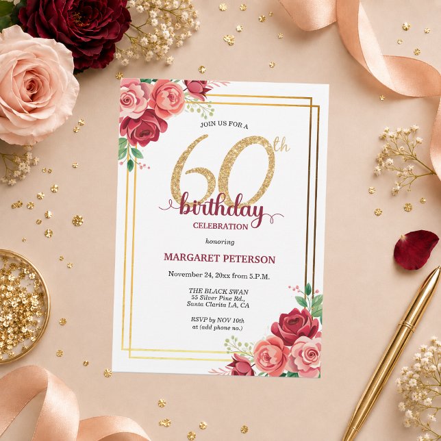 Invitation Fête d'anniversaire élégante Fleurs Rouge Doré 60  (Créateur téléchargé)