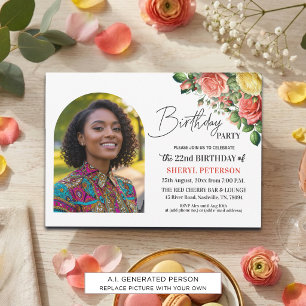 Invitation Fête d'anniversaire élégante florale avec photo 22