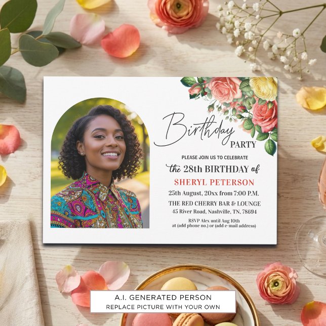 Invitation Fête d'anniversaire élégante florale avec photo 28 (Créateur téléchargé)