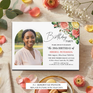 Invitation Fête d'anniversaire élégante florale avec photo 39