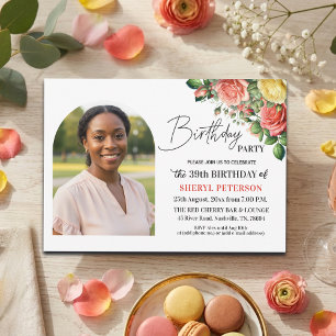 Invitation Fête d'anniversaire élégante florale avec photo 39