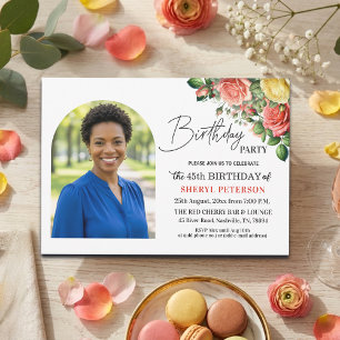 Invitation Fête d'anniversaire élégante florale avec photo 45