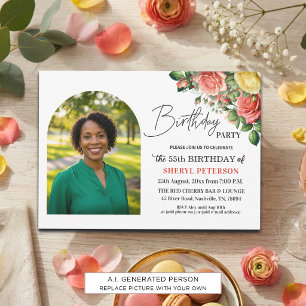 Invitation Fête d'anniversaire élégante florale avec photo 55