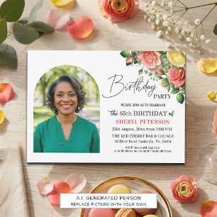 Invitation Fête d'anniversaire élégante florale avec photo 65