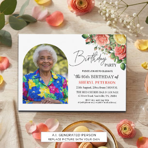 Invitation Fête d'anniversaire élégante florale avec photo 95