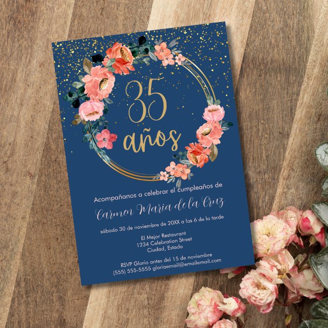 Invitation Fête d'anniversaire élégante florale bleue espagno (Créateur téléchargé)