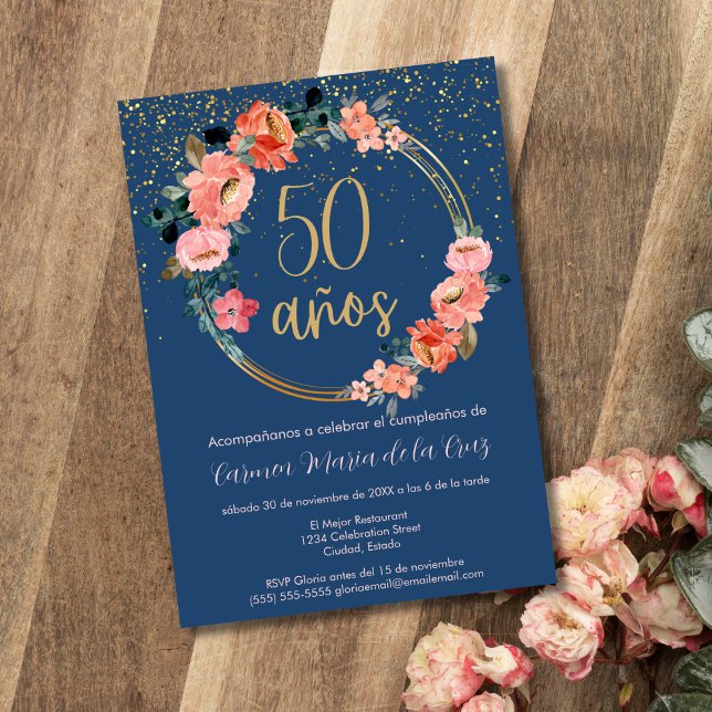 Invitation Fête d'anniversaire élégante florale bleue espagno (Créateur téléchargé)