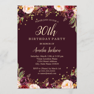 Invitation Fête d'anniversaire élégante florale Bourgogne 30