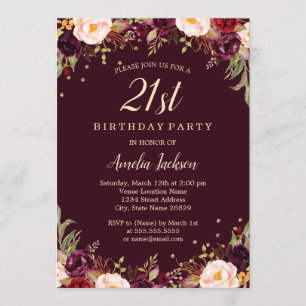Invitation Fête d'anniversaire élégante florale Bourgogne dor
