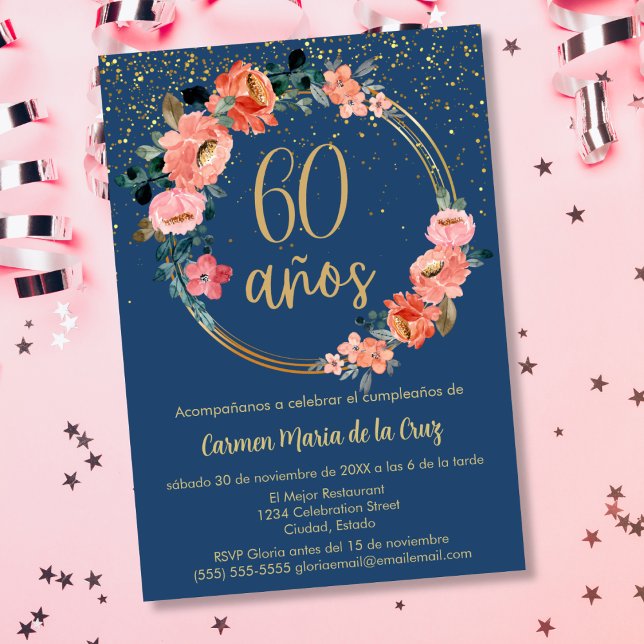 Invitation Fête d'anniversaire élégante florale espagnole à p (Créateur téléchargé)