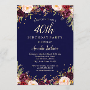Invitation Fête d'anniversaire élégante florale Navy Bourgogn