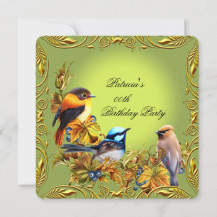 Invitation Fête d'anniversaire élégante florale oiseau vert o