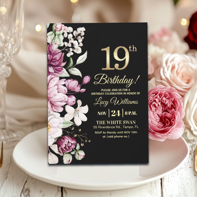 Invitation Fête d'anniversaire élégante florale or 19 (Créateur téléchargé)