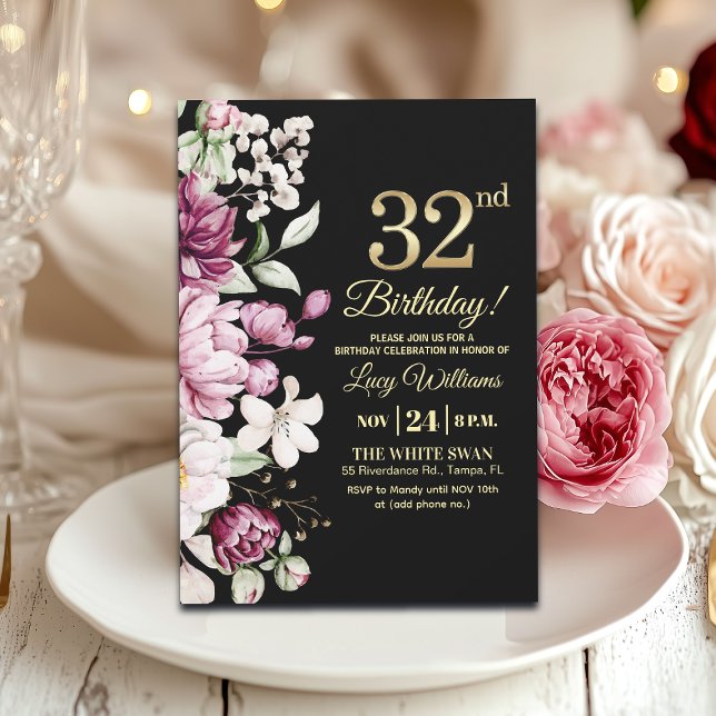 Invitation Fête d'anniversaire élégante florale or 32 (Créateur téléchargé)