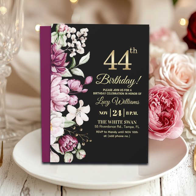 Invitation Fête d'anniversaire élégante florale or 44 (Créateur téléchargé)