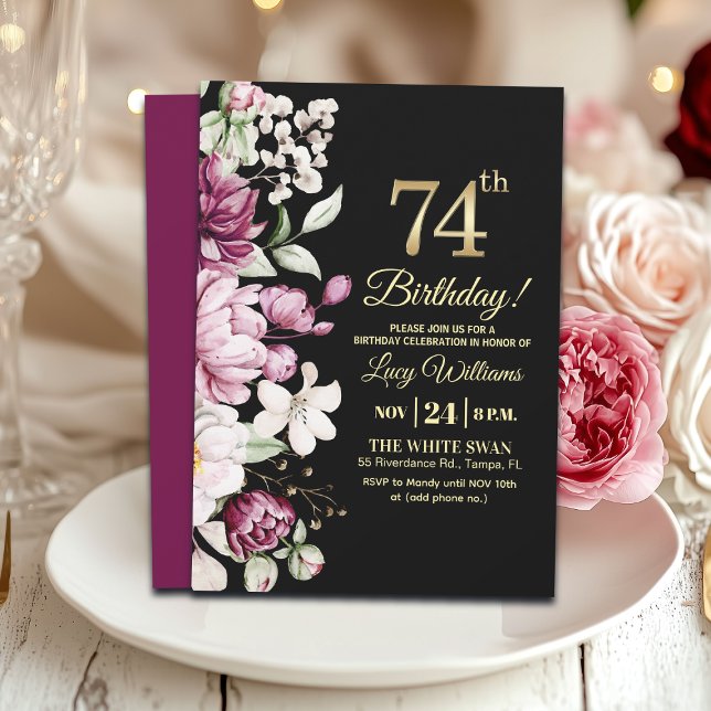 Invitation Fête d'anniversaire élégante florale or 74 (Créateur téléchargé)