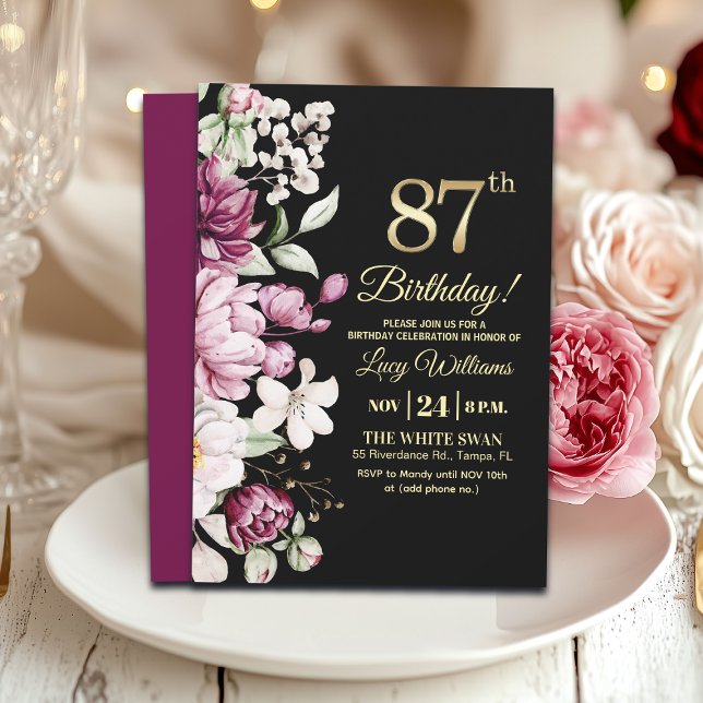 Invitation Fête d'anniversaire élégante florale or 87 (Créateur téléchargé)