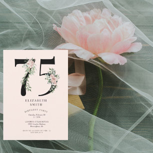 Invitation Fête d'anniversaire élégante florale rose 75 ans