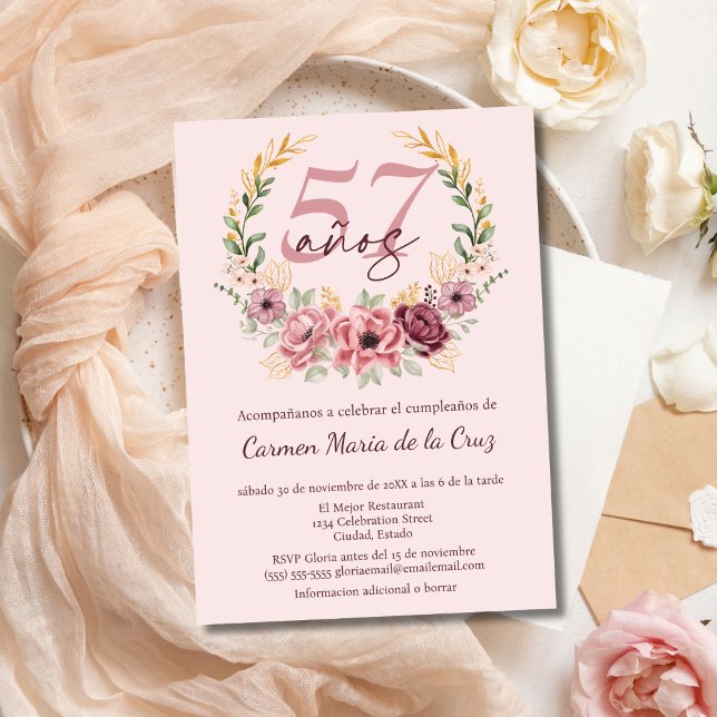 Invitation Fête d'anniversaire élégante florale rose espagnol (Créateur téléchargé)