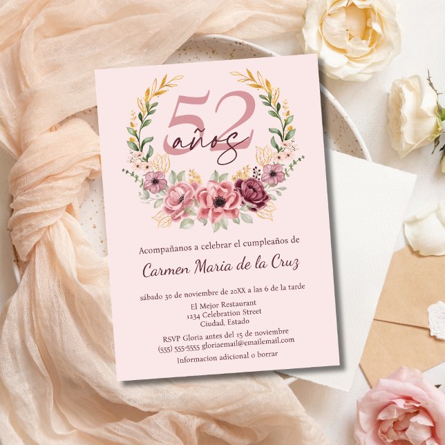 Invitation Fête d'anniversaire élégante florale rose espagnol (Créateur téléchargé)